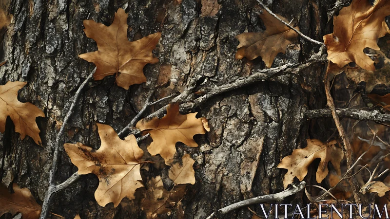 Dry oak leaves on textured tree bark surface in close view.