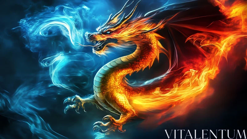 Dragon formed of fire and ice energy in dark space.