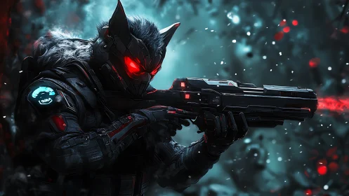 Cybernetic wolf soldier aims neon rifle in frozen battlefield.