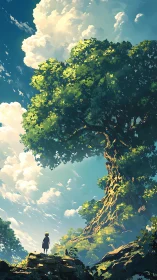 Solitary child beneath towering sunlit world tree