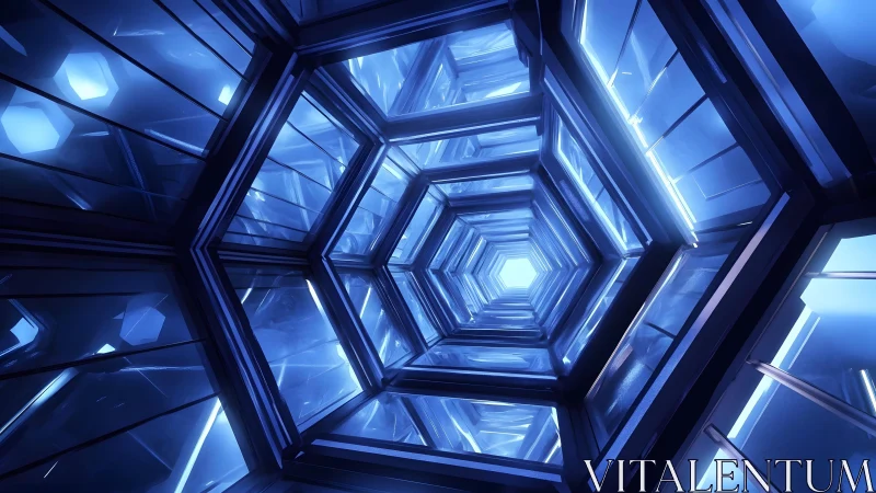 Futuristic hexagonal tunnel with glowing blue lights, sci-fi style.
