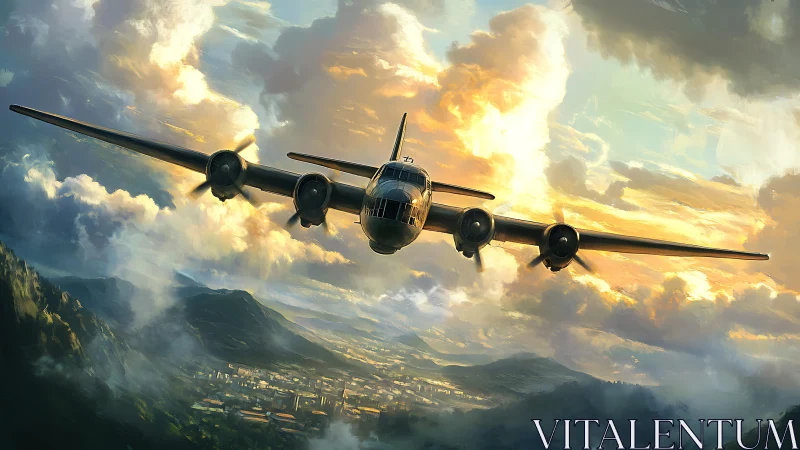Vintage bomber aircraft soars above sunlit mountain city.