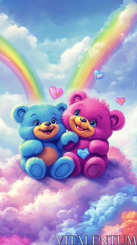 Rainbow cuddle bears drifting on sugar-cloud skies.
