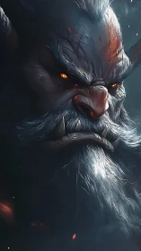 Demonic warrior portrait shows textured horns, tusks and ember-lit gaze