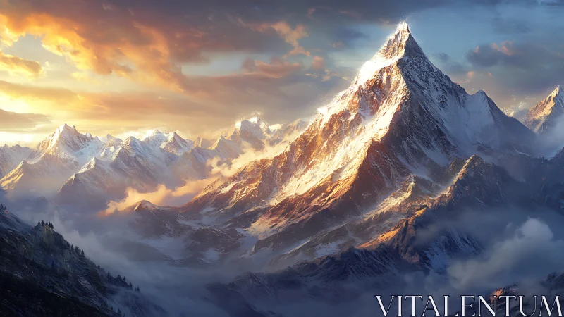 Sunlit alpine peak with snow ridges under dramatic sky