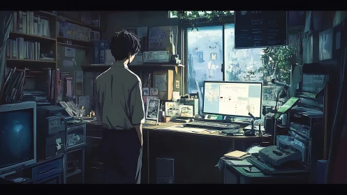 Solitary anime coder in cluttered studio bathed in dusk light.