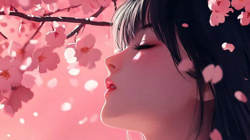 Profile portrait under cherry blossoms uses soft depth-of-field lighting