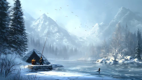 Winter mountain lake with anglers and forest campsite scene.