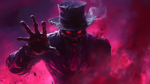 Digital painting of demonic gentleman in neon magenta haze.