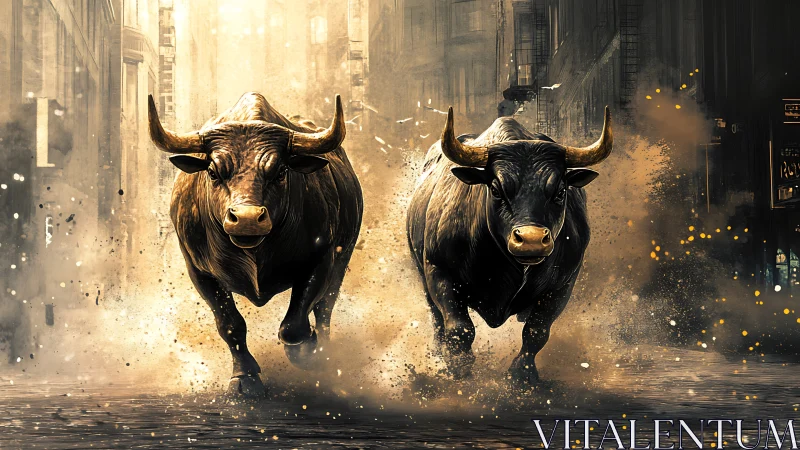 Urban thunder hooves: twin bulls storm through city dusk.