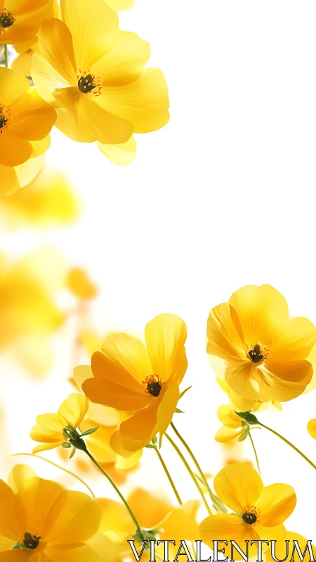 Yellow cosmos flowers arranged in vertical frame with white background space