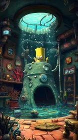 Cartoon boy in flooded underwater lab with vintage pod.