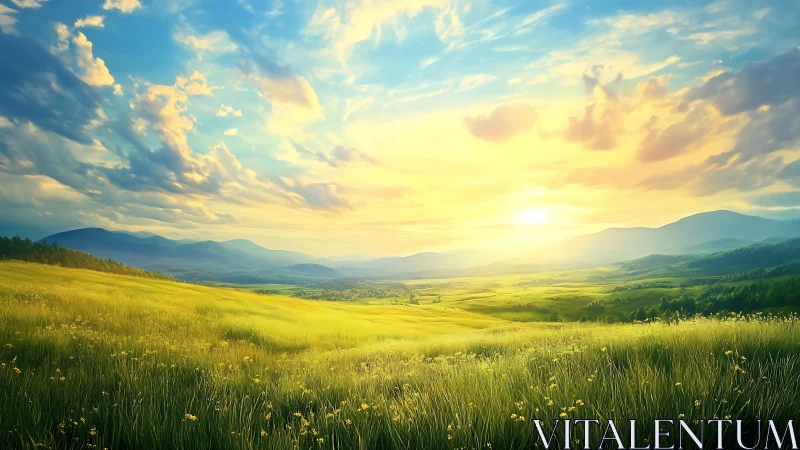 Sunlit valley meadow under volumetric clouds and graded horizon