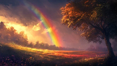 Spectral meadow illumination under storm-clearing sky dynamics.