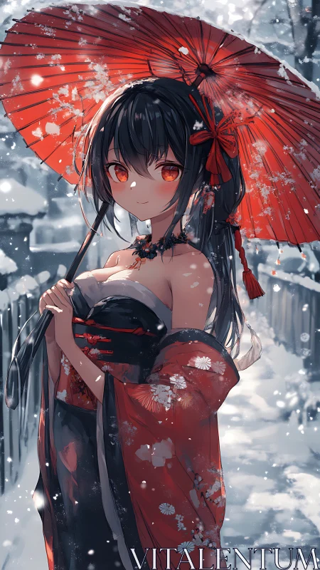 Girl in kimono holds red umbrella on snow covered pathway