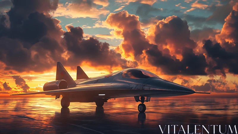 Stealth jet aircraft on wet runway under dense sunset clouds.