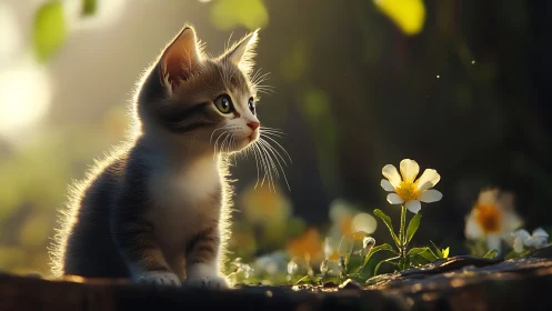 Curious Kitten Discovers Daisies in Golden Garden Light.