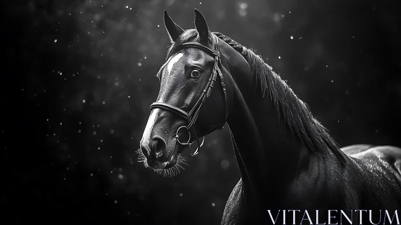 Horse in bridle is shown in high-contrast monochrome light