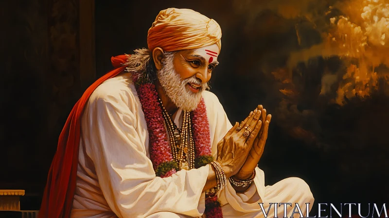 Elderly man in traditional robes sits with folded hands