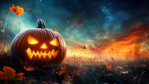 Carved jack-o-lantern sits in autumn field at twilight