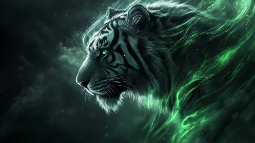 Phantom emerald tiger drifting through cosmic midnight storm.