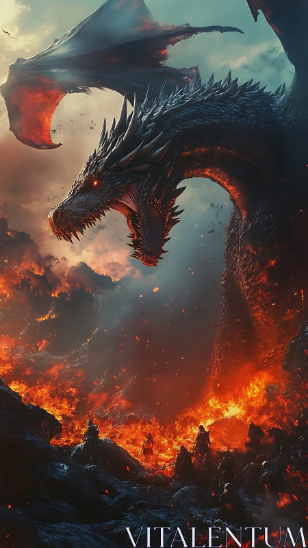 Firelit dragon rising above molten battlefield skies.
