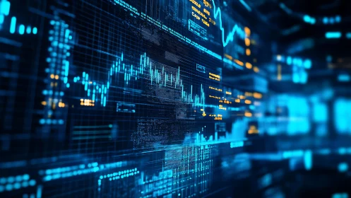 Dynamic financial data charts in futuristic blue gridscape.