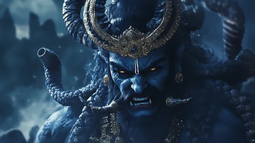 Storm-eyed demon king snarls beneath a gilded horned crown