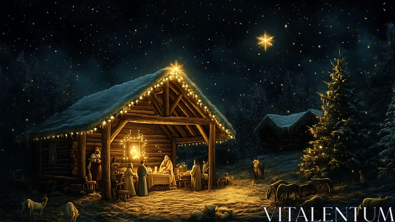 Nativity scene in snowy wooden stable under starry sky.