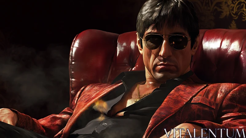 Brooding crime boss lounges in red leather power chair.