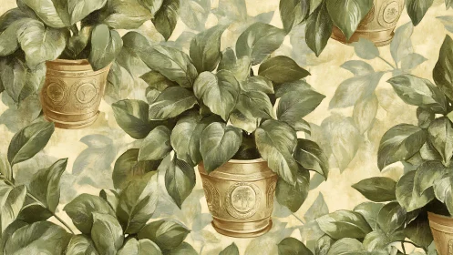 Potted green leaves in soft vintage garden wallpaper pattern.