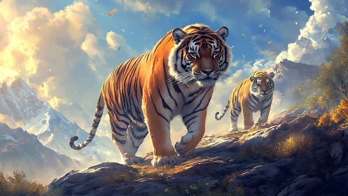 Mountain Sovereigns: Tigers Walk Through Golden Wilderness.