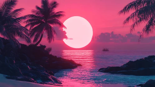 Neon tropic sunset sphere melts over electric palm lagoon.