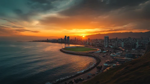 Coastal stadium bay at sunset with high-rise urban skyline