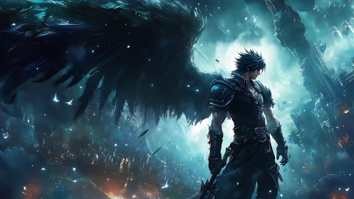 Stormwing guardian broods above a neon-shattered sky city.