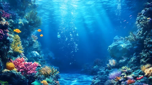 Vibrant coral reef glows under crystalline blue water.