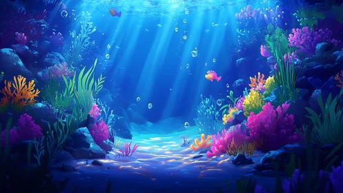 Sunlit coral reef glows with vibrant fish in tranquil depths