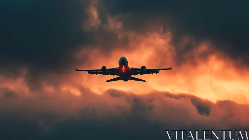 Jet airliner silhouette crossing stormy sunset clouds.