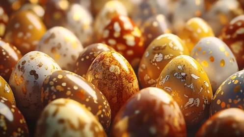 Golden speckled eggs glowing in soft, cozy morning light.