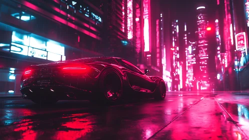 Neon supercar under cyberpunk rainlit city streetscape.