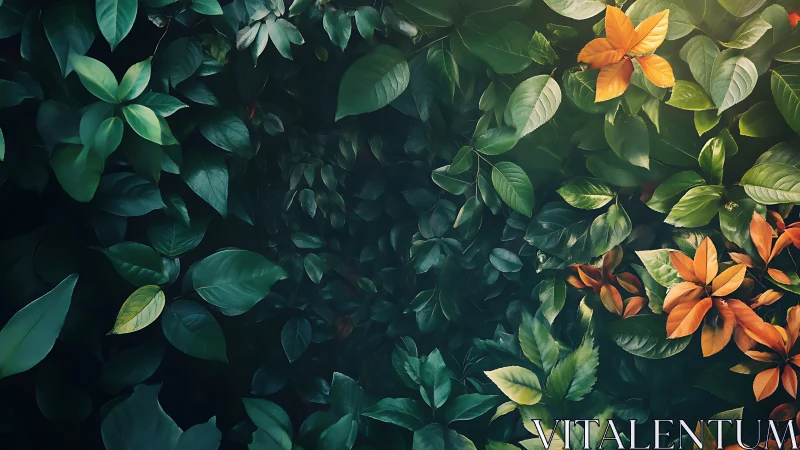 Lush foliage wall blends deep greens with autumn accents.