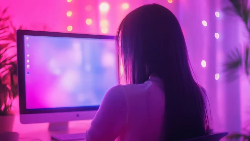 Backlit workstation user under magenta bokeh LED illumination