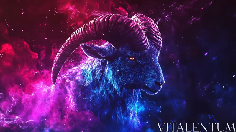 Neon cosmic ram portrait in intense magenta blue glow.