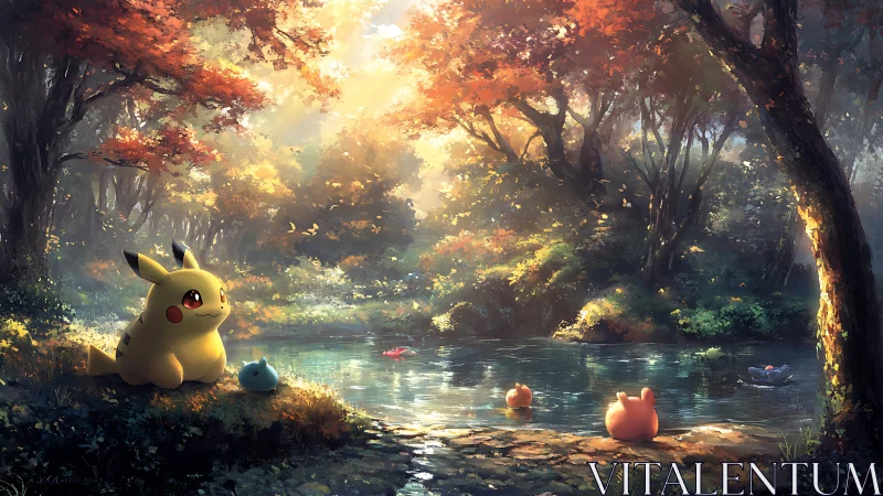 Autumn forest pond with Pokémon characters in dappled light