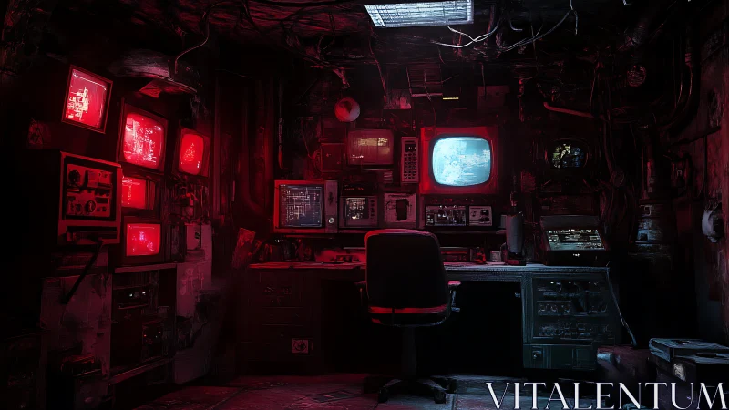 Cyberpunk surveillance bunker with retro CRT monitoring array.