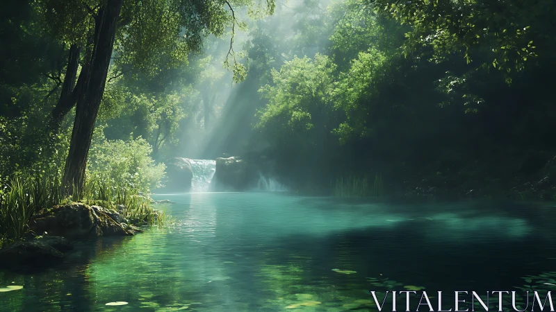 Emerald forest lagoon with cascading waterfall and sunbeams.
