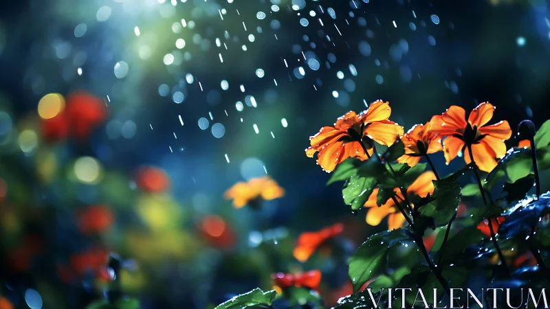 Orange Flowers in Rain with Shallow Depth of Field and Bokeh Lighting