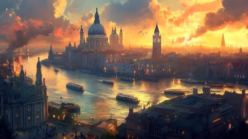 Sunlit river cityscape shows domes, towers and boats at dusk