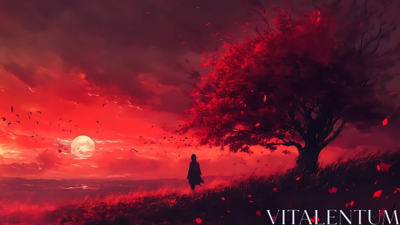 Silhouette beneath red tree against dual suns horizon.