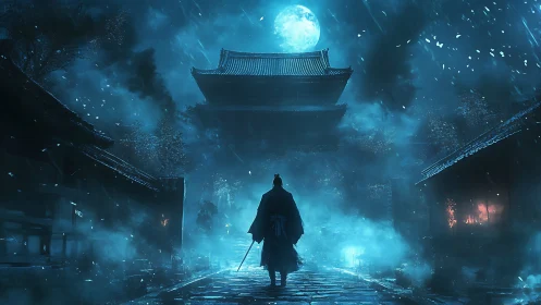 Lone samurai under moonlit storm approaching burning temple.